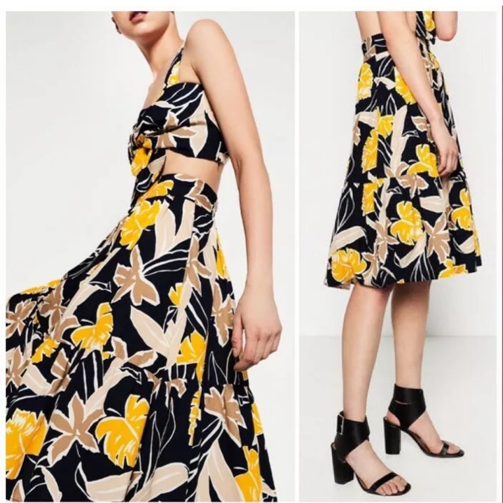 Zara Printed Tropical Poplin Skirt